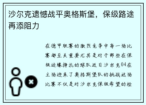 沙尔克遗憾战平奥格斯堡，保级路途再添阻力