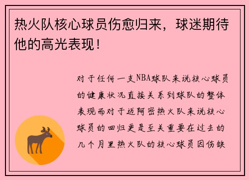 热火队核心球员伤愈归来，球迷期待他的高光表现！