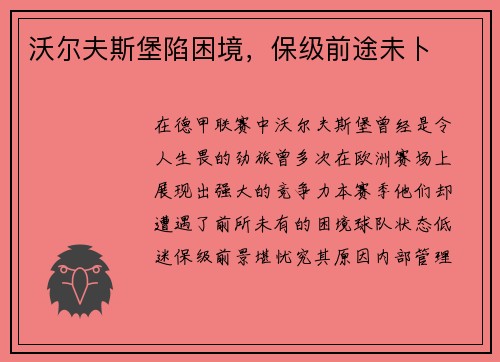 沃尔夫斯堡陷困境，保级前途未卜